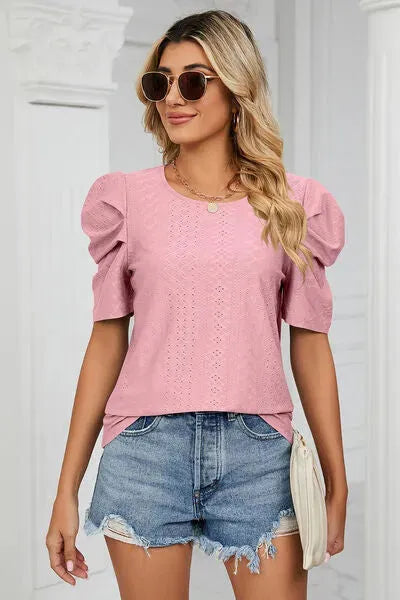 Eyelet Round Neck Puff Sleeve T-Shirt Women's T-Shirts - Tophatter Daily Deals